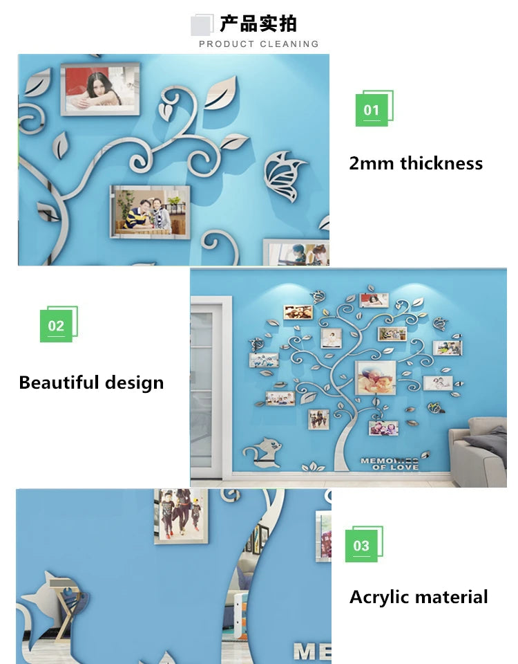 3D Acrylic Sticker Tree  Mirror Wall Decals DIY Photo Frame Family Photo for Living Room Art Home Decor picture frames wall - Sun Studio