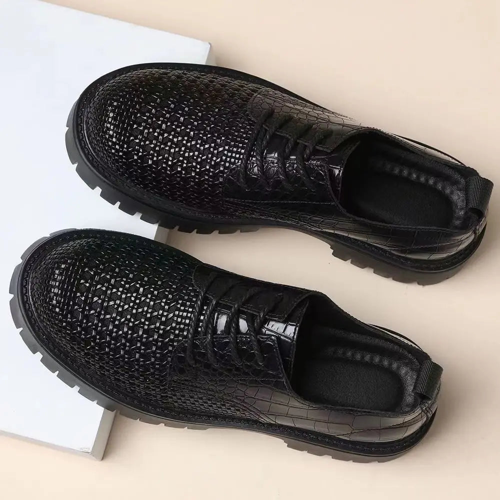 Spring leather woven leather wear-resistant thick-soled heightening casual men's first-layer cowhide breathable hollow shoes - Sun Studio