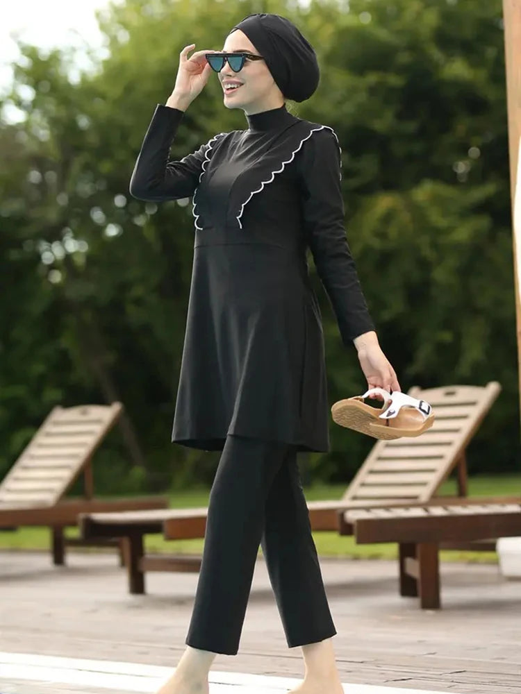 3PCS Black Series Modest Burkini Femmes Muslim Swimsuit Swimwear Summer Beach Women's Swimsuit Lotus Leaf Edge Design - Sun Studio