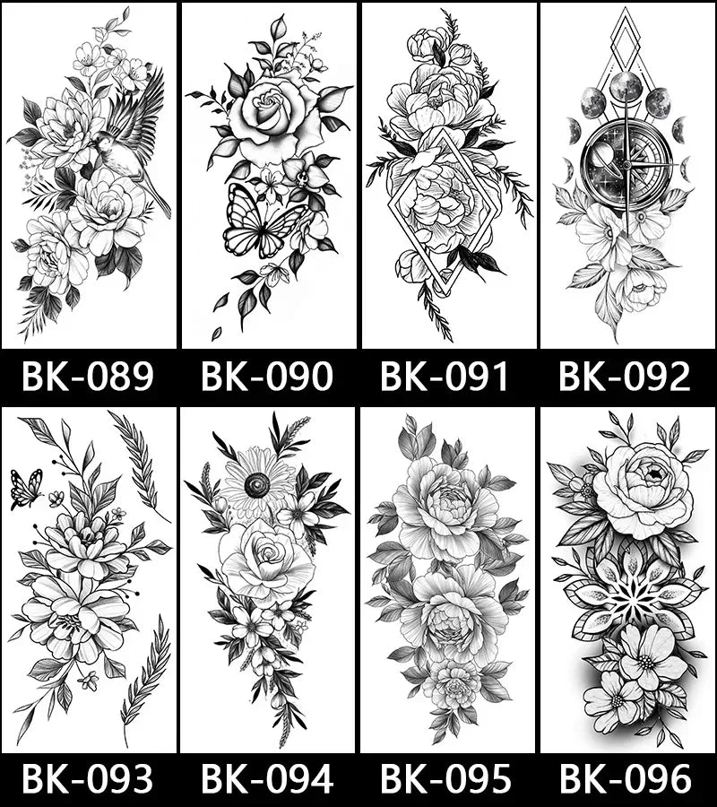 Rose Blossom Tattoo Temporary Waterproof Butterfly Fake Tattoo for Woman Black Flower Sketch Tattoo Sticker - Sun Studio