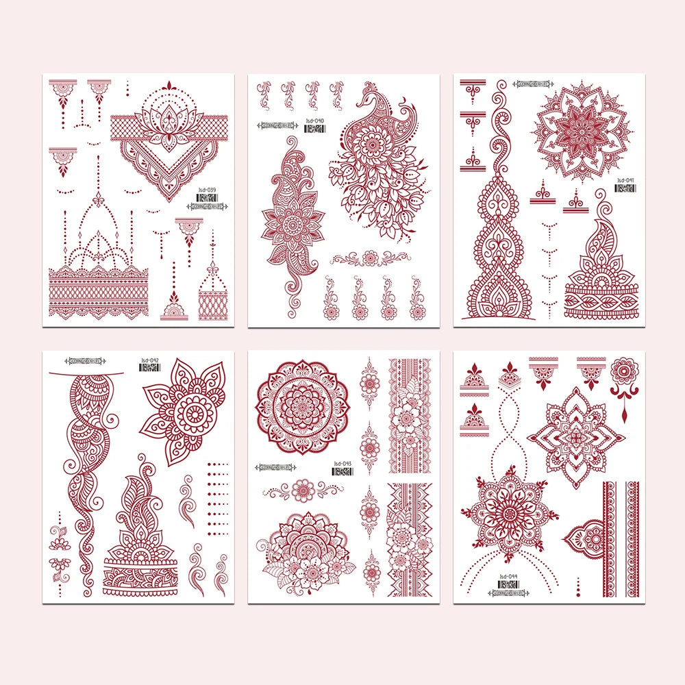 6 Sheets India Mehndi Design Brown Red Maroon Tattoo Stickers, Water Transfer Fake Henna Tattoos For Women Full Hand Tattoos - Sun Studio