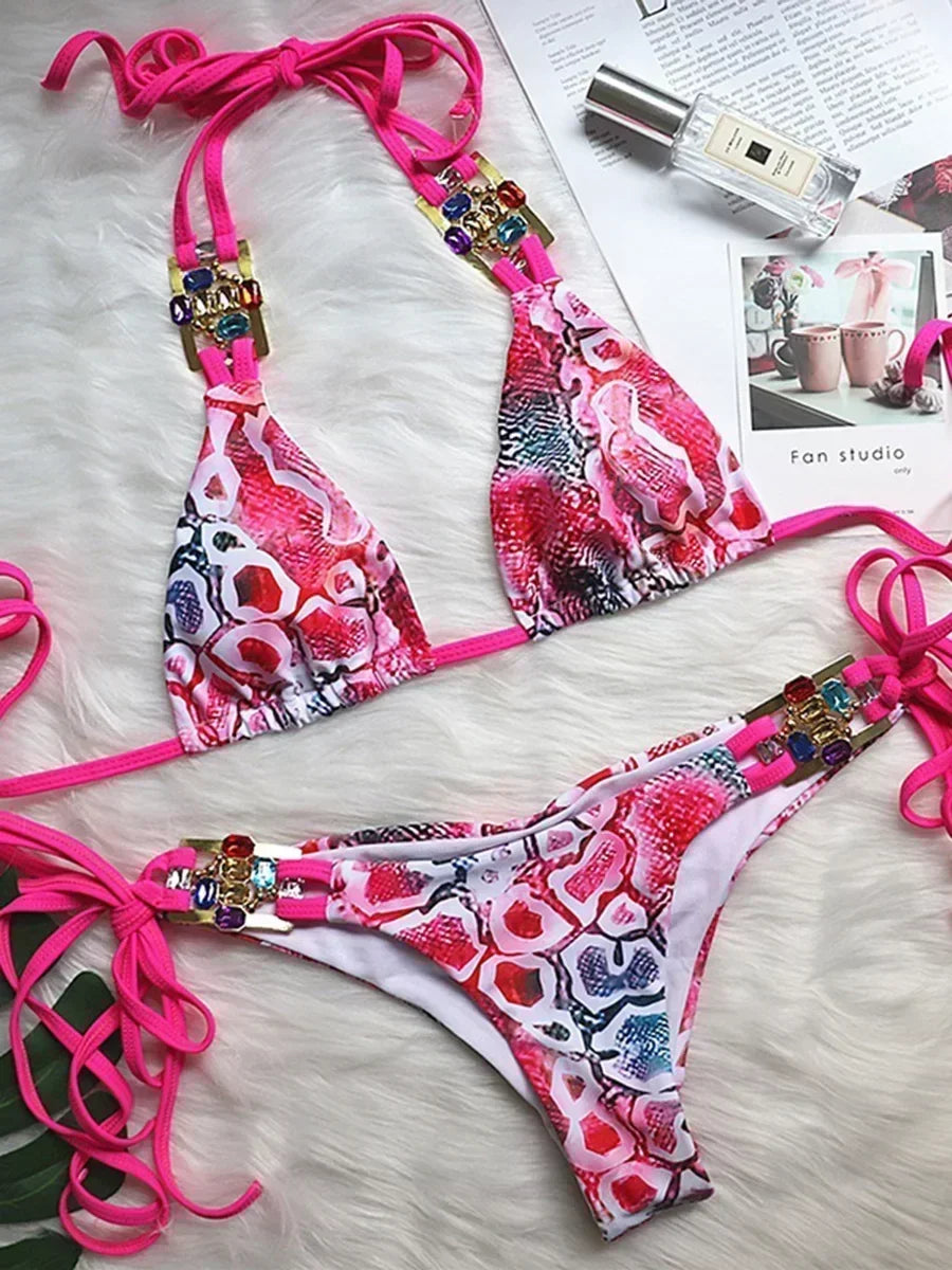Halter Rhinestone Diamond Bikini Women Swimsuit Female Bikinis Metal Chain Swimwear Two Pieces Bikini Set Bathing Suit Swim Lady - Sun Studio