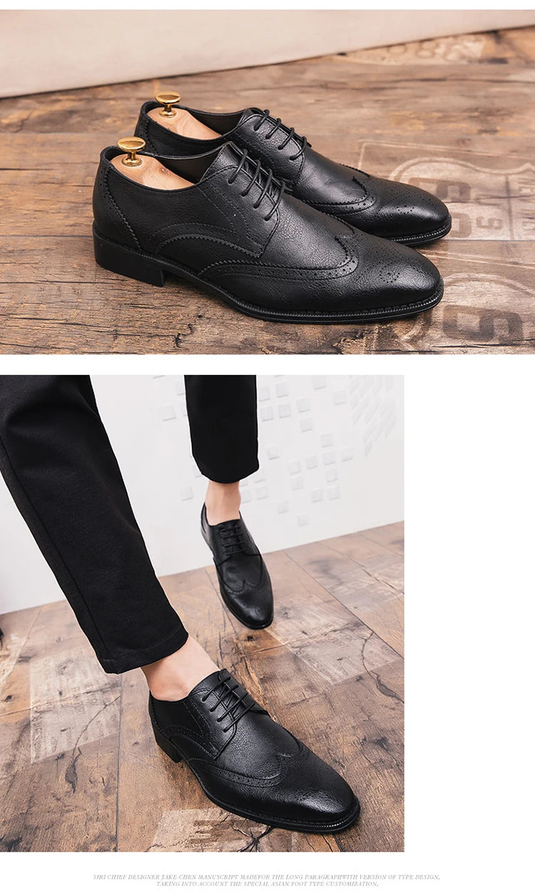 Lace-up casual leather shoes Men's wedding carved Brogues men's formal business pointed shoes Groom's leather shoes - Sun Studio