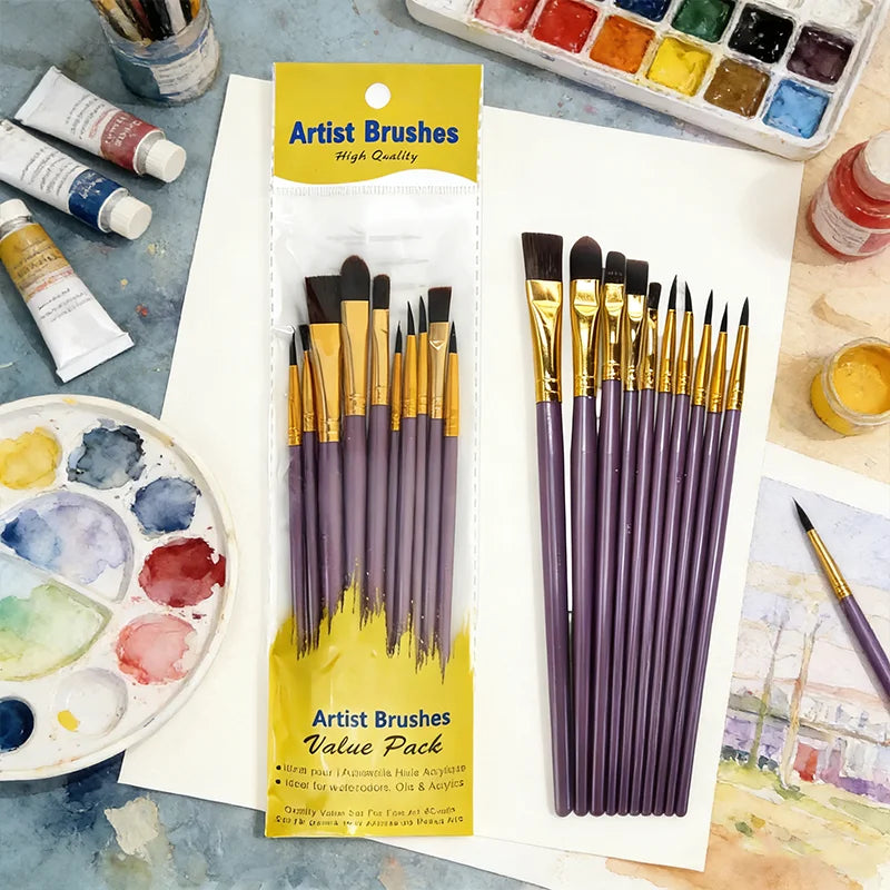 10-Piece Artist Paint Brush Set - Nylon Bristle Brushes for Watercolor/Acrylic/Oil Painting (Value Pack) - Sun Studio