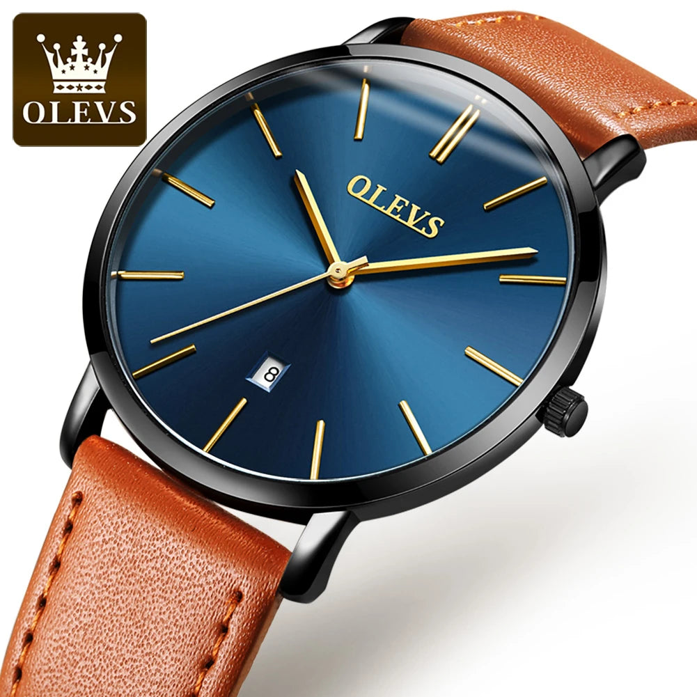 OLEVS 6.5mm Ultra Thin Quartz Watches Mens Top Brand Luxury Leather Waterproof Clock Male Classic Men Business Watch with Date - Sun Studio