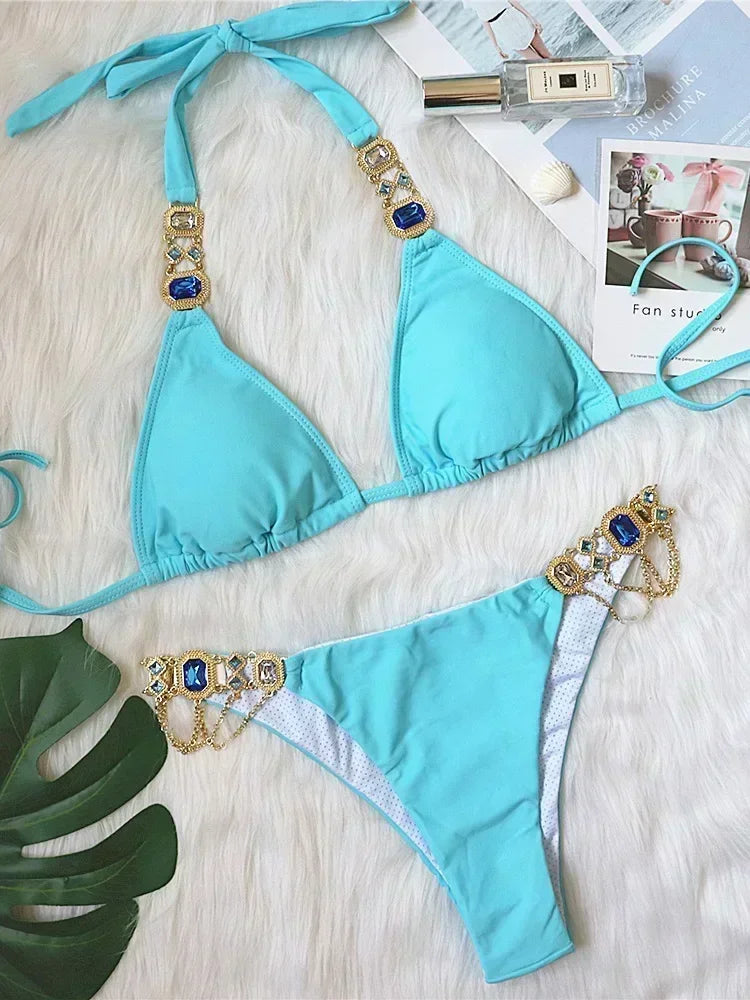 Halter Rhinestone Diamant Bikini Frauen Badeanzug Weibliche Bikinis Metallkette Badebekleidung Zweiteiliges Bikini Set Badeanzug Schwimmen Damen