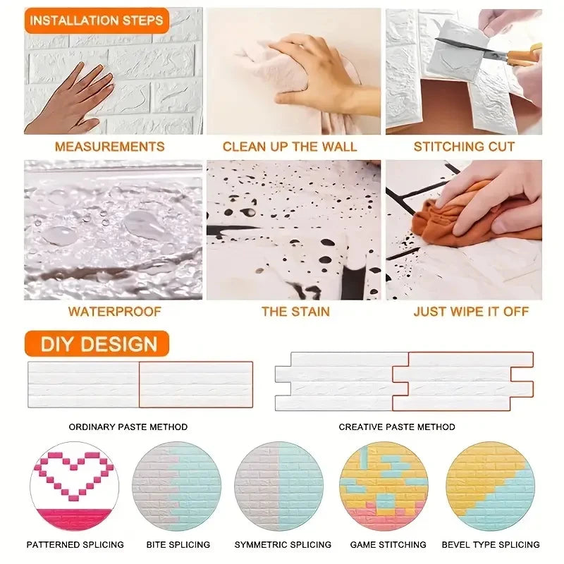 3D Self-Adhesive Wallpaper 70cm*1/5/10m Continuous Waterproof Brick Wall Stickers Living Room Bedroom Children's Room Home Decor - Sun Studio