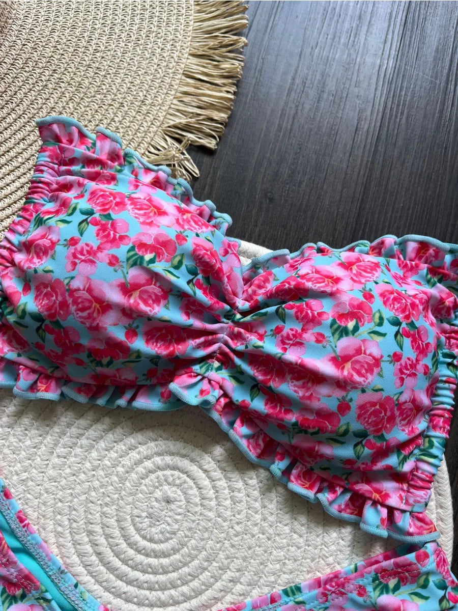 Bikini Set Women's Ruffle Flower Print Sexy 2 Pieces Swimsuit Triangle Strapless Backless Thong Beach Bathing Suit 2025 New - Sun Studio