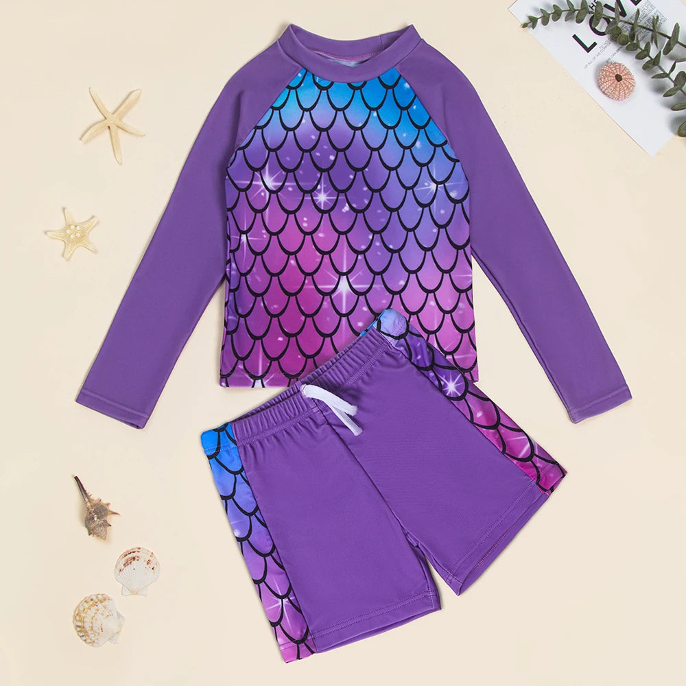Toddler Girls Swimsuit Rashguard Set Summer Beach Breathable Bathing Suit Long Sleeve Mermaid Swimwear - Sun Studio