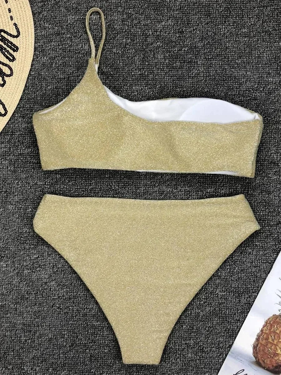 Sexy Shiny Sparkling One Shoulder Bikini Female Swimsuit Women Swimwear Two-pieces Bikini Set High Waist Bathing Suit Swim Lady - Sun Studio