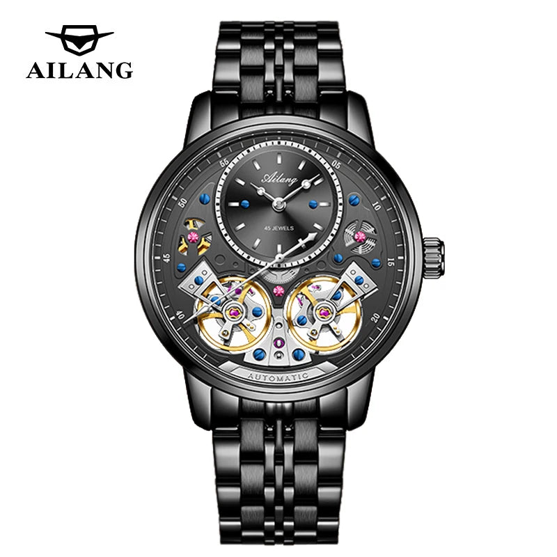 AILANG Brand New Luxury Double Tourbillon Watch for Men Stainless Steel Strap Waterproof Fashion Mechanical Watches Mens - Sun Studio