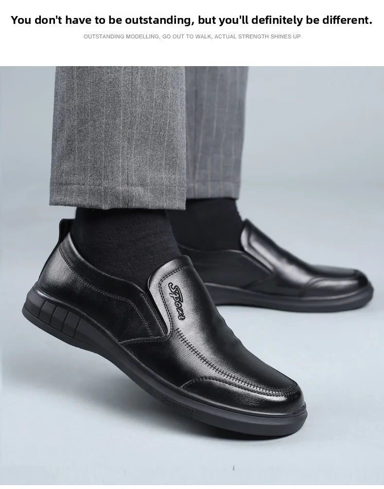 Pure Black Casual Men's Shoes Slip-On Driving Soft Bottom Anti-Slip Leather Shoes Breathable round Toe Flat Heel PVC Outsole - Sun Studio