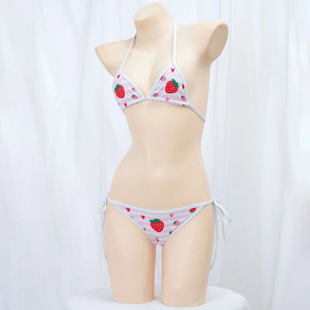 Cute Bikini Swimwear Women 2025 Strawberry Print Girl Lace Up Bathing Suit Low Waist Mini Bikinis Sets Beach Swimsuit - Sun Studio