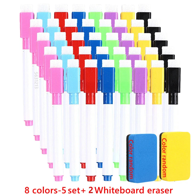 100/5Pcs Dry Erase Whiteboard Markers Set, Washable Pens with Magnetic Eraser for Office Whiteboards & Art Supplies - Sun Studio