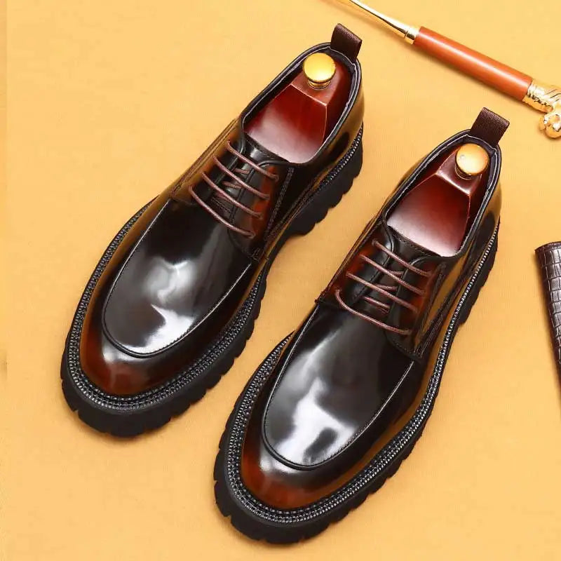 designer men's leather shoes with thick soles round toe glossy leather business dress shoes Waxed cowhide lace up British shoes - Sun Studio