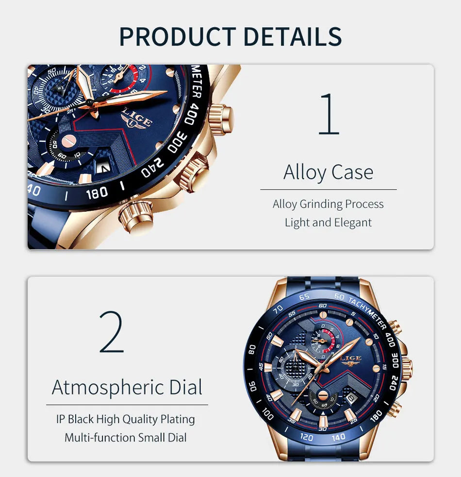 LIGE Business Men Watch Luxury Brand Stainless Steel Wrist Watch Chronograph Army Military Quartz Watches Relogio Masculino+BOX - Sun Studio