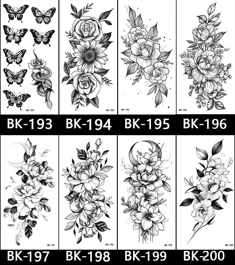 Black White Temporary Transfer Tattoos Floral Butterfly Lettering Line Art Waterproof Body Stickers for Music Festival Party - Sun Studio