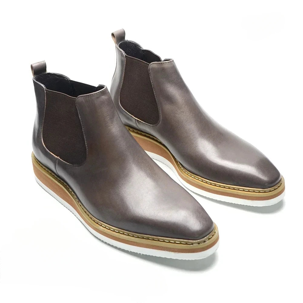 Britischer Stil Kuh Echtes Leder Herren Chelsea Stiefeletten Slip-On Elastisches Band Hohe Sneakers Freizeit Dress Boots für Männer