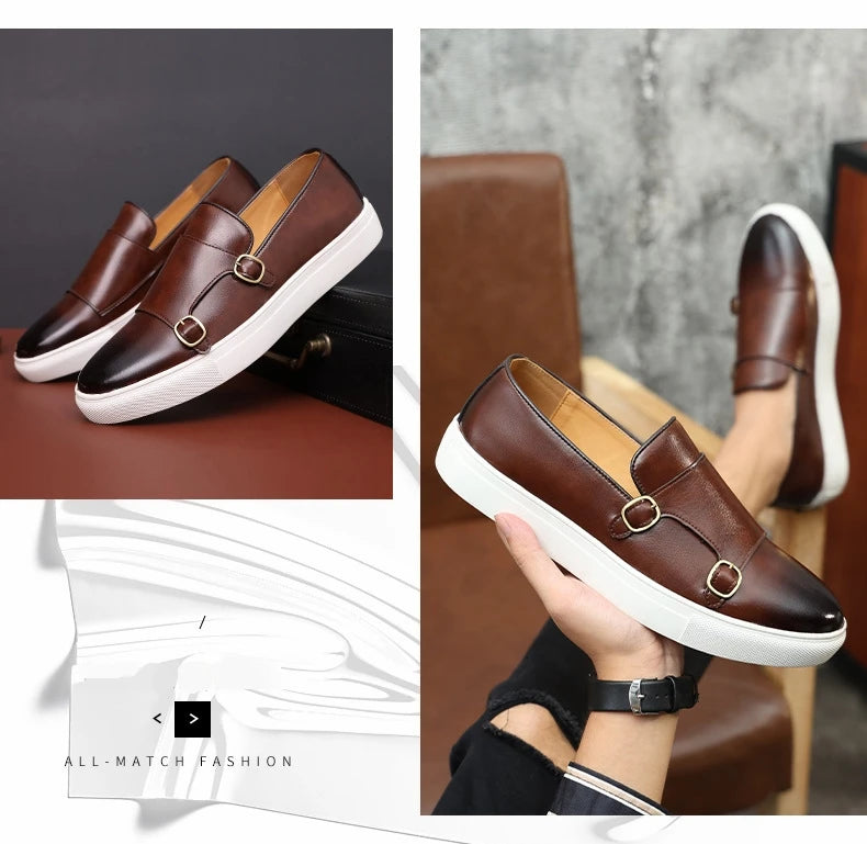 Fashion Man Casual Shoes Leather Men's Retro British Style Loafers Slip-on Outdoor Flats Double Monk Business Daily Shoe - Sun Studio