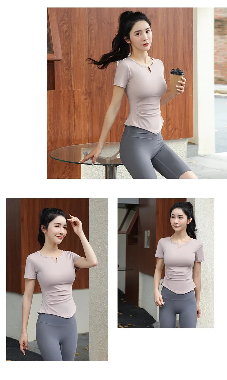 Fitness Yoga Tshirt Women's Short Sleeve Gym T-Shirt Quick Dry Running Training Breathable Slimming Moisture Wicking Sports Tops - Sun Studio