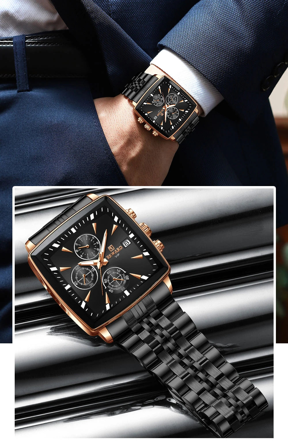REWARD Fashion Square Dial Watch for Men Stainless Steel Waterproof Quartz Chronograph Mens Watches Luxury Sport Male Clock - Sun Studio