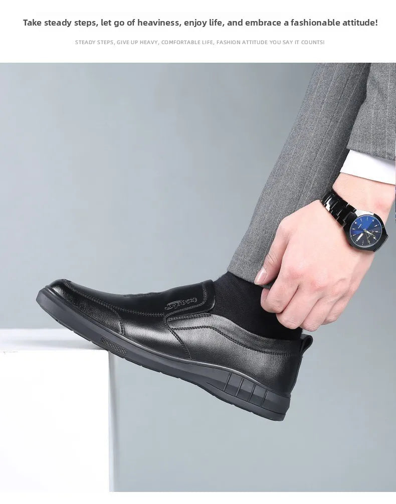 Pure Black Casual Men's Shoes Slip-On Driving Soft Bottom Anti-Slip Leather Shoes Breathable round Toe Flat Heel PVC Outsole - Sun Studio