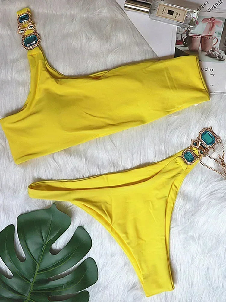 Halter Rhinestone Diamant Bikini Frauen Badeanzug Weibliche Bikinis Metallkette Badebekleidung Zweiteiliges Bikini Set Badeanzug Schwimmen Damen