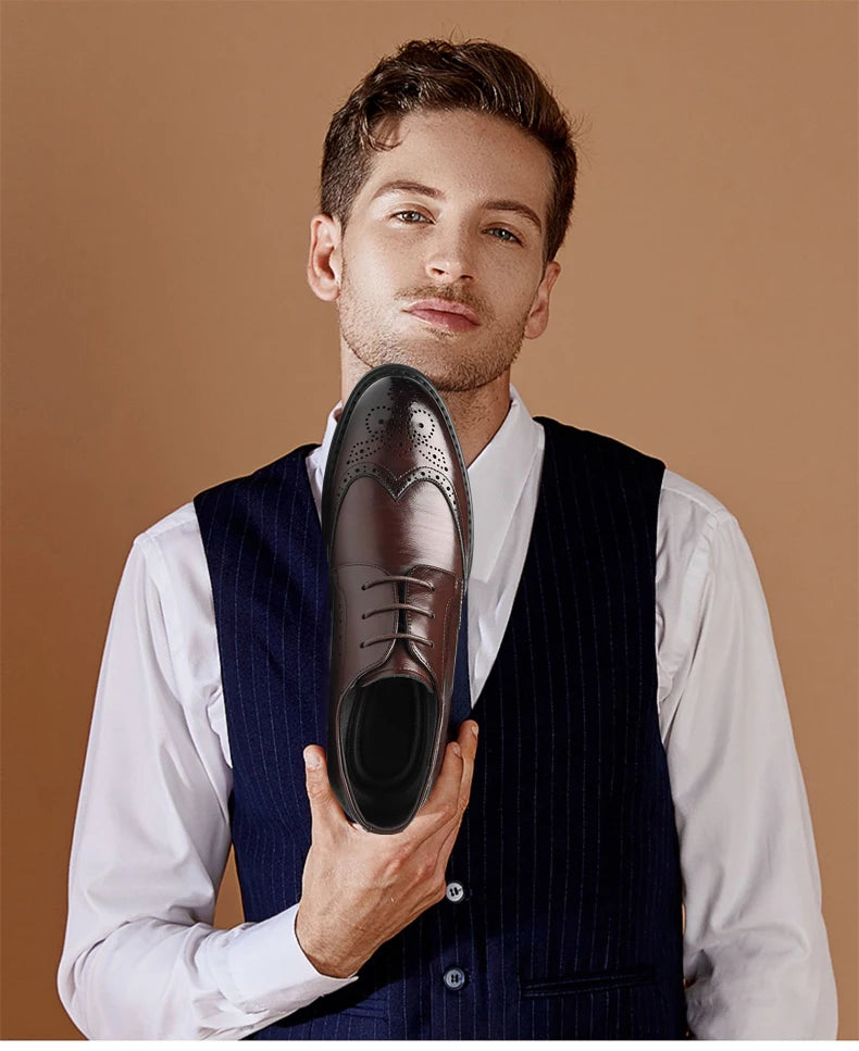 Men's Dress Brogues Elevator Shoes Platform Breathable Casual Business Luxury Genuine Leather Heightening Shoes 6 8CM Taller Man - Sun Studio