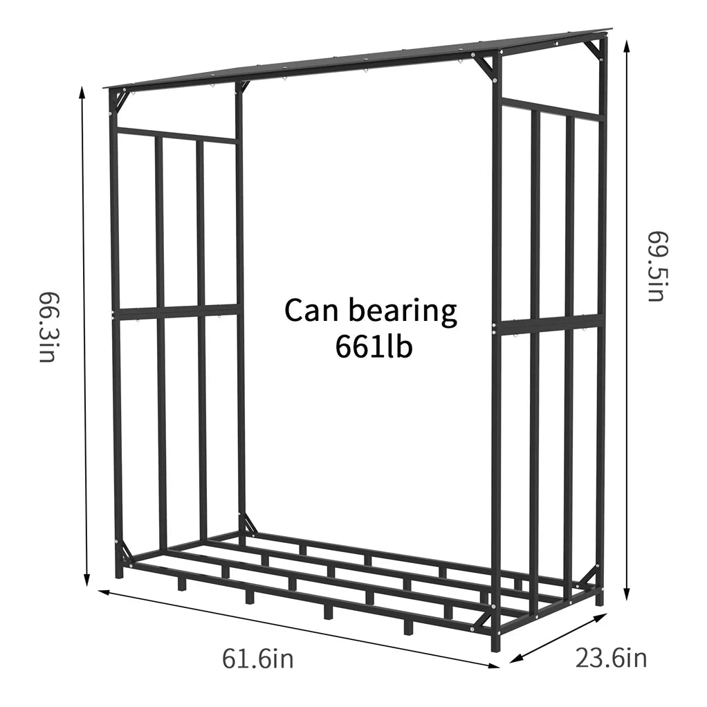 70" Outdoor Metal Log Store Stack Holder Wood Firewood Rack Garden Storage Shed with Waterproof Roof - Sun Studio