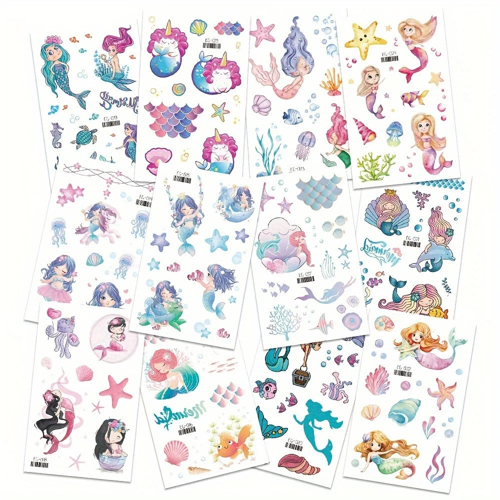 12 Sheets Glitter Mermaid Tattoo Stickers For Kids Cute Unicorn Temporary Tattoos Body Art Fake Tattoo Birthday Party Favors - Sun Studio