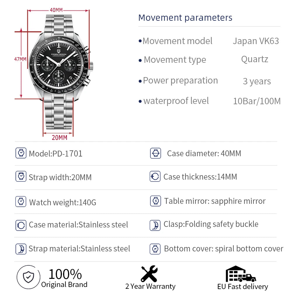 PAGANI DESIGN 2025 New Moon Men's Watches Luxury Quartz Watch For Men AR Sapphire Glass 100M Waterproof Wristwatch Chronograph - Sun Studio