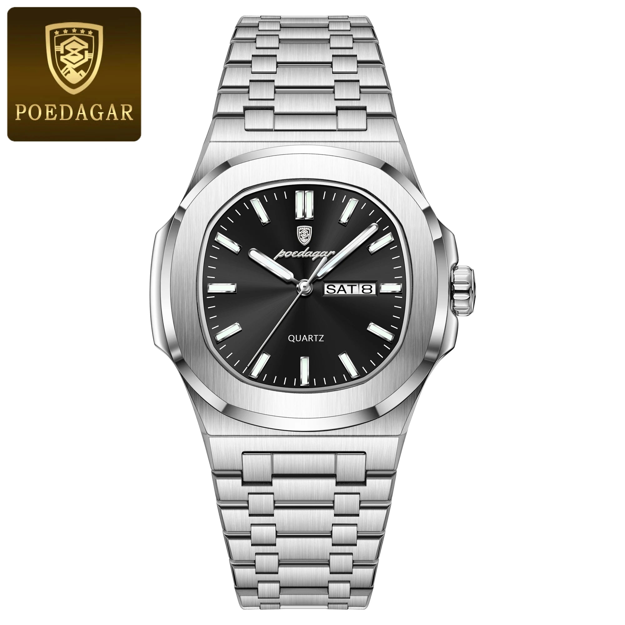 POEDAGAR Luxury Square Men's Watches Waterproof Luminous Date Week Men Watch Stainless Steel Fashion Quartz Man Wristwatch Reloj - Sun Studio