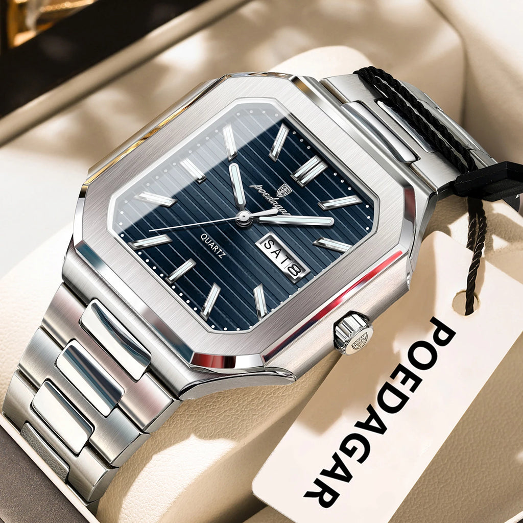 POEDAGAR Square Fashion Man Wristwatch Waterproof Luminous Date Week Quartz Men's Watches Stainless Steel Luxury Men Watch Reloj - Sun Studio