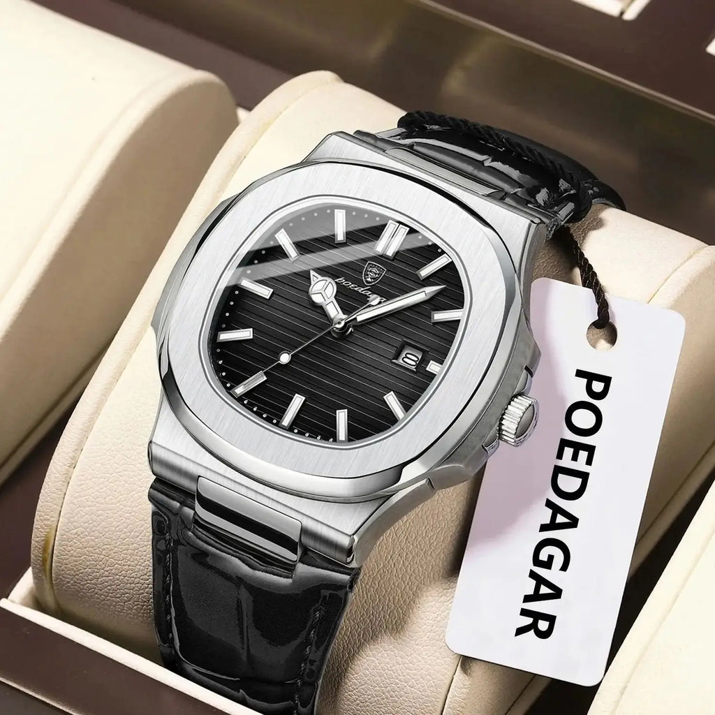 POEDAGAR Original Fashion Men's Wristwatch Date Waterproof Luminous Leather Watches For Men High Quality Square Quartz Man Watch - Sun Studio