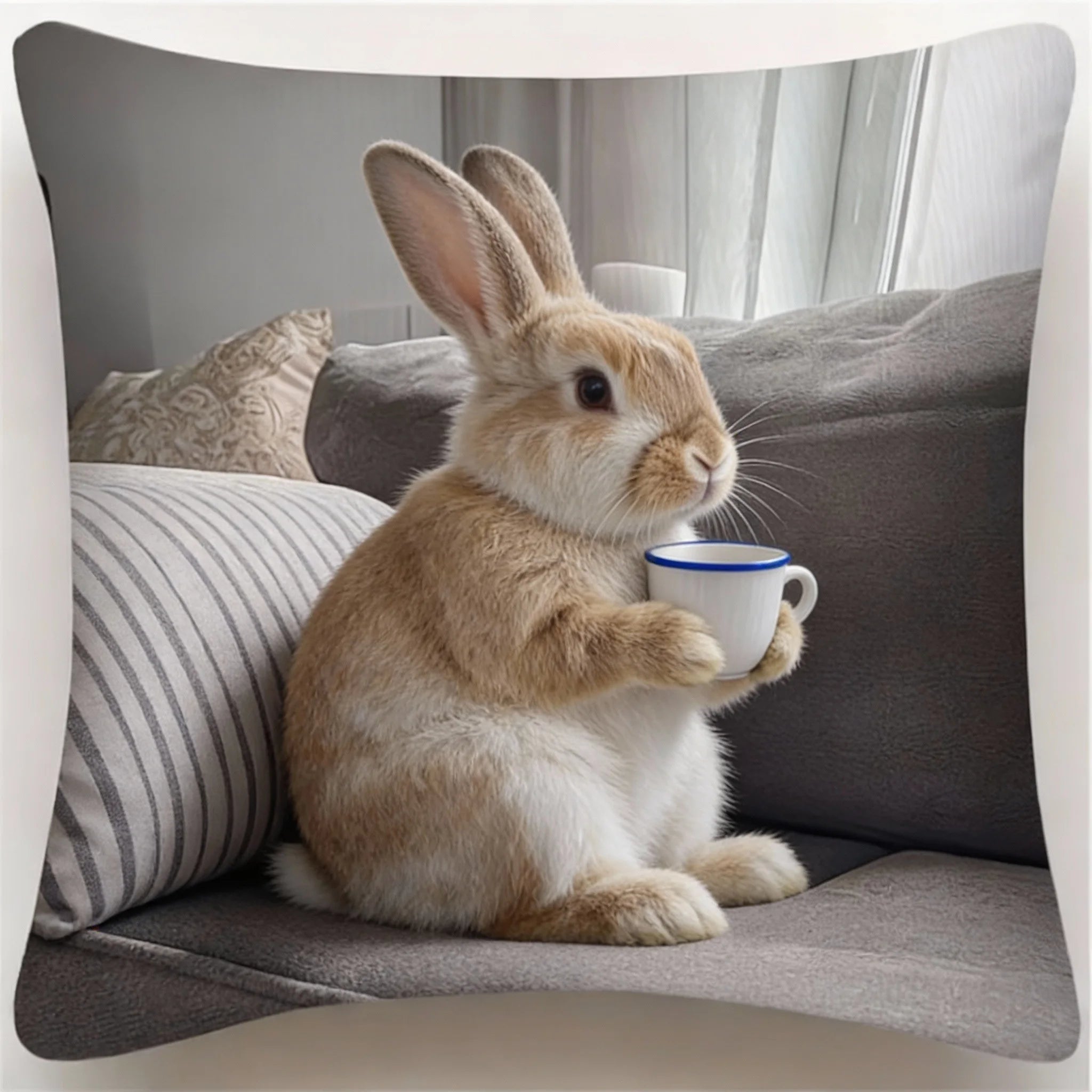 Adorable Bunny with Coffee Cup Print Pillowcase - Home Decor, Perfect for Living Room and Bedroom, Ideal Gift for Animal Lovers - Sun Studio