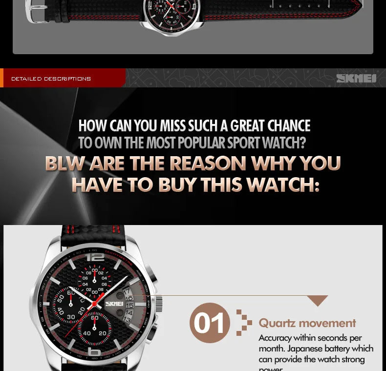 Skmei Top Brand Luxury Leather Strap 5Bar Waterproof Quartz Wristwatches Relogio Masculino Fashion Sport Mens Watches 9106 - Sun Studio