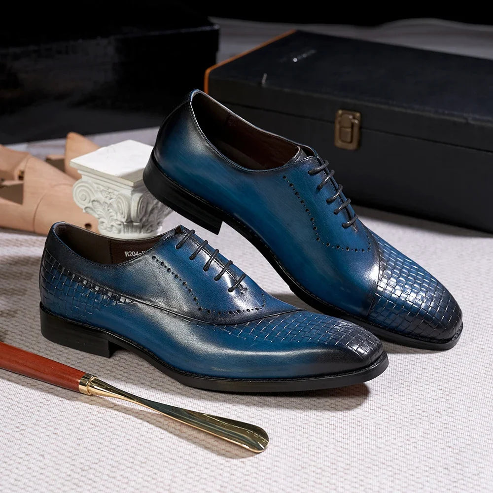 Men's Genuine Leather Oxfords Fashion Pointed Toe Wedding Party Dress Shoes Luxury Lace-Up Office Career Formal - Sun Studio
