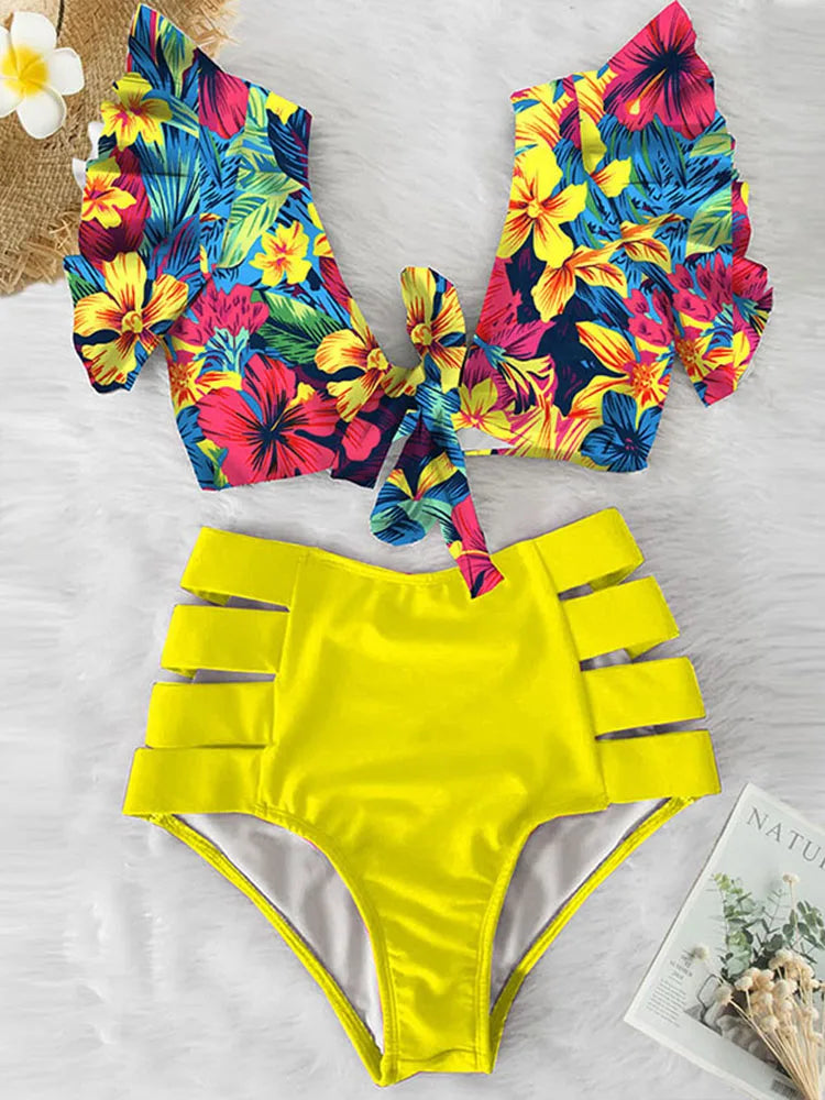 Floral Ruffled Hem Bikini Set Women Flora V-Neck High-Waisted Two Piece Swimsuit 2025 Girl Beach Bathing Suit Swimwear Biquinis - Sun Studio