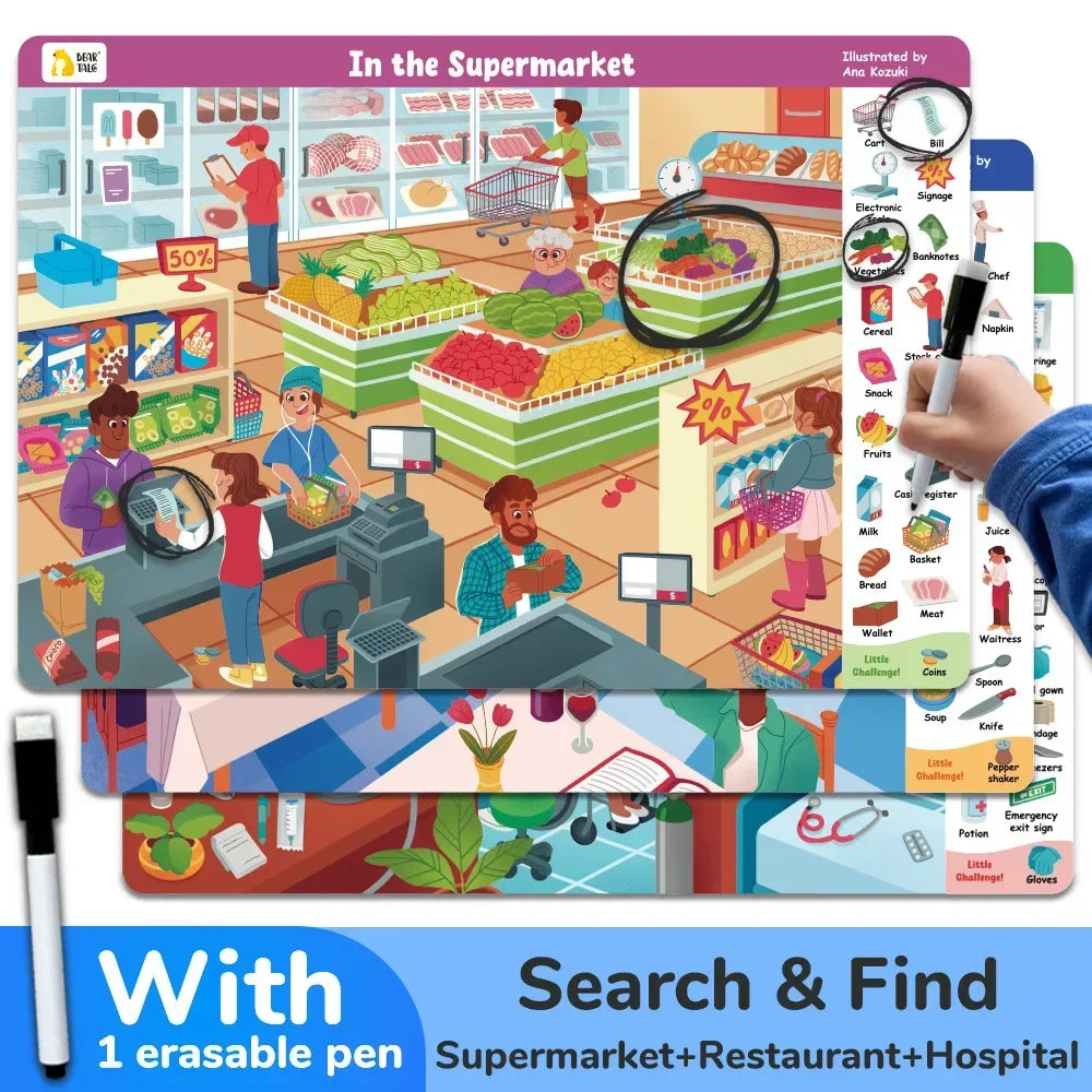 Search and Find Game Looking for Different 3 Themes Interactive Activity Painting Kit Drawing Books with Reusable Pen - Sun Studio