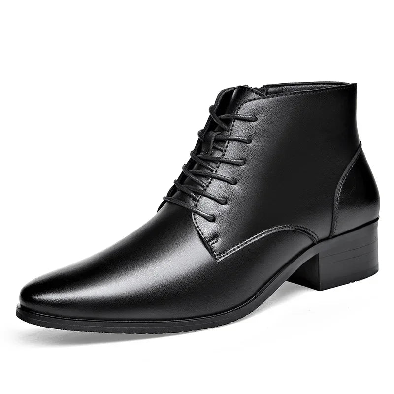 Men's Boots Fashion High-top Casual Boot Pointed Tip Business Leather Boots for Men Plush Warm Winter Boots Lace Up Ankle Botas - Sun Studio
