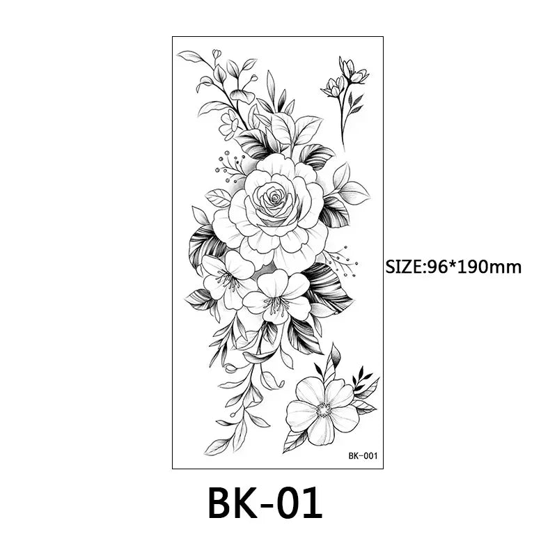 Rose Blossom Tattoo Temporary Waterproof Butterfly Fake Tattoo for Woman Black Flower Sketch Tattoo Sticker - Sun Studio