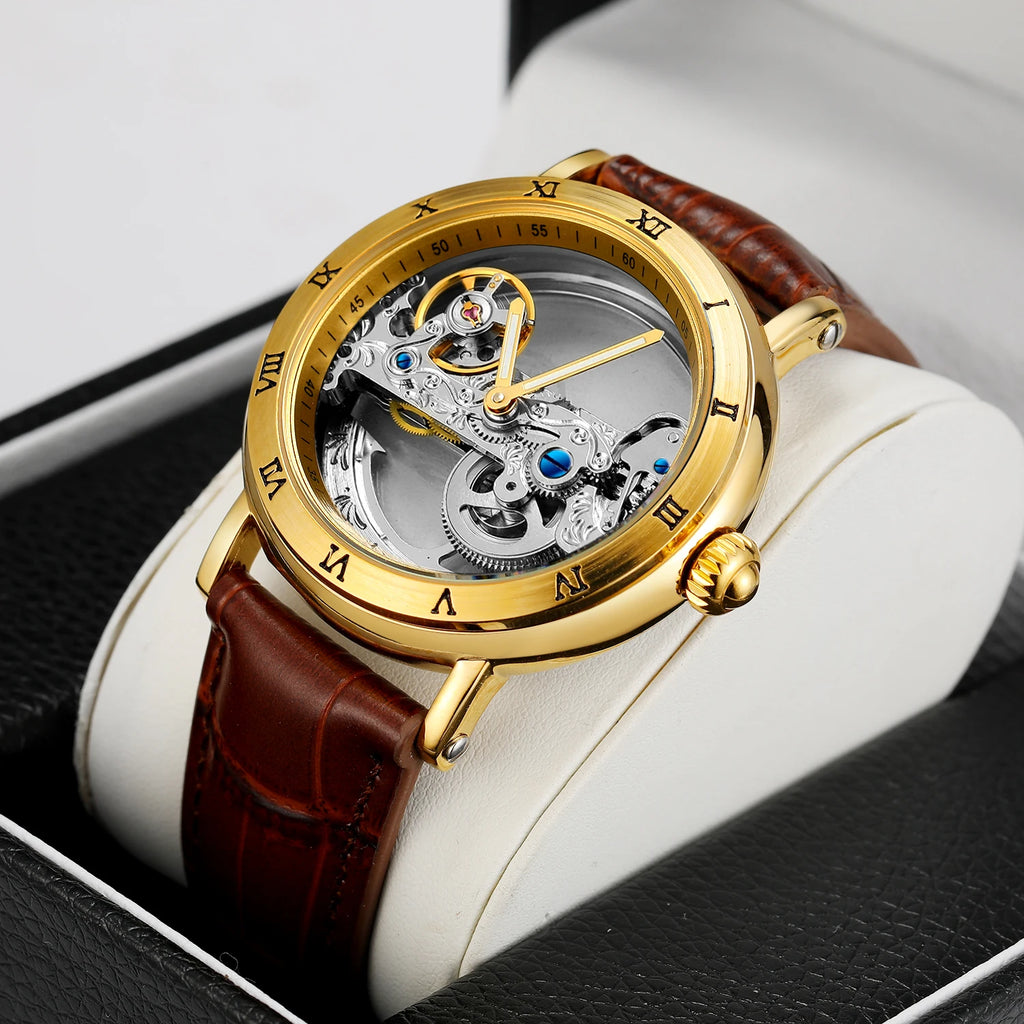 Forsining Silver Skeleton Automatic Watch Men Luminous Hands Business Retro Golden Bridge Mechanical Watches Steel Leather Strap - Sun Studio