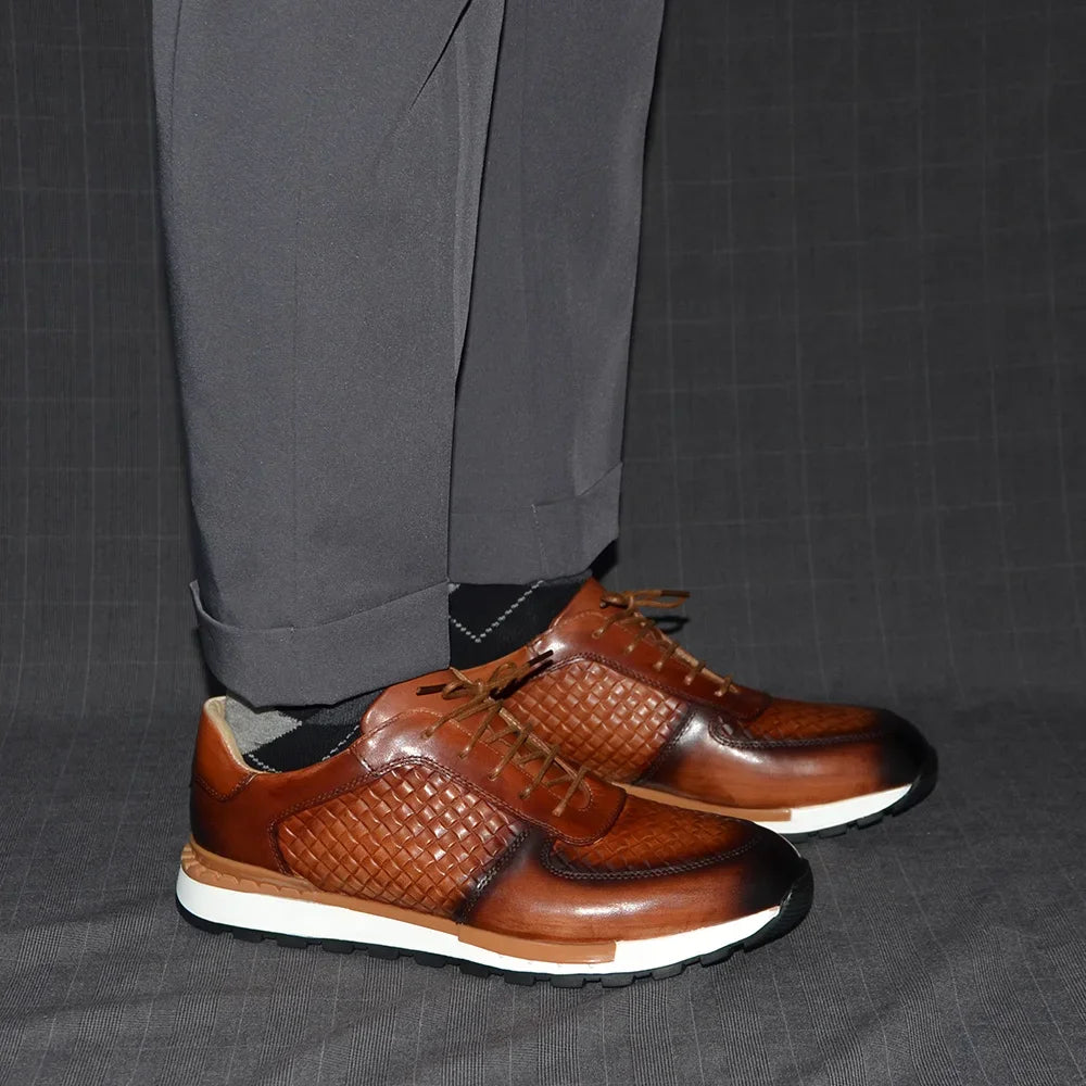 4 Colors Genuine Leather Man Luxury Sneakers Plaid Weave Pattern Lace-up Men Casual White Oxford Shoes Deals Spring Autumn 2024 - Sun Studio