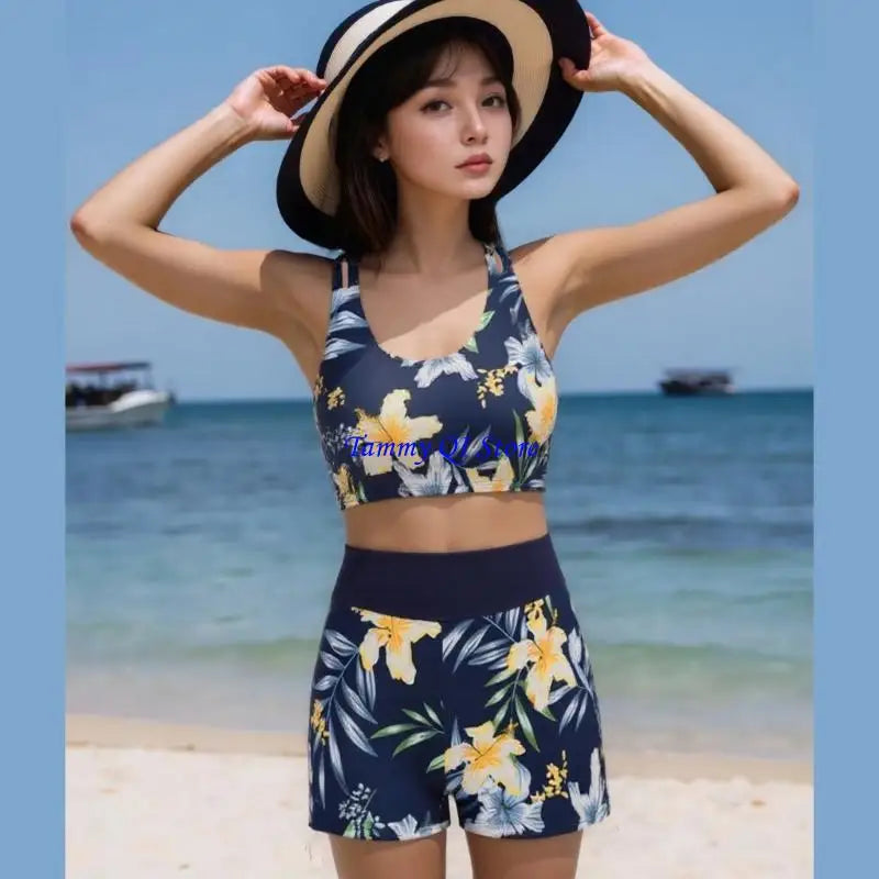 F1FD Women Flowers Print Bathing Suit 3 Pcs Split Swimwear Tankini Swimsuit Swimming Costume Set Ladies Sports Swimwear - Sun Studio
