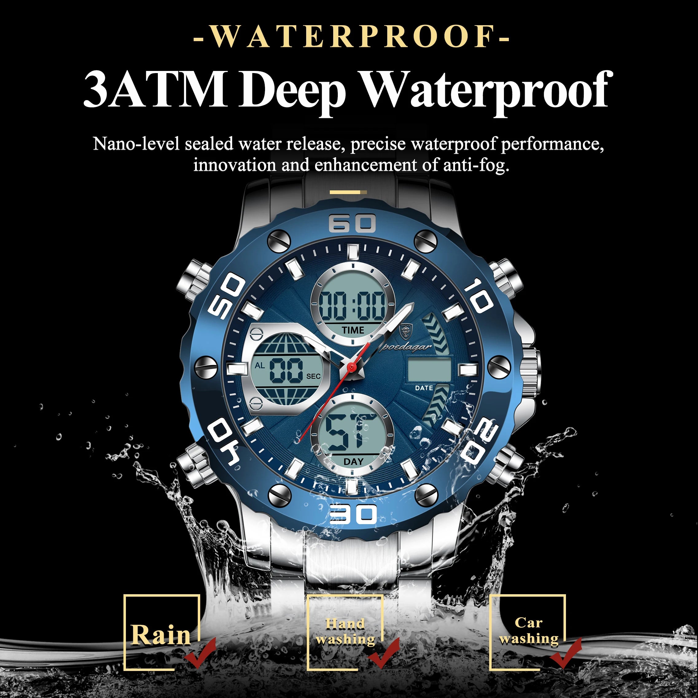 POEDAGAR Military Men's Quartz Wristwatch LED Alarm Dual Display Men Watch Electronic Waterproof Outdoor Sports Watches for Men - Sun Studio