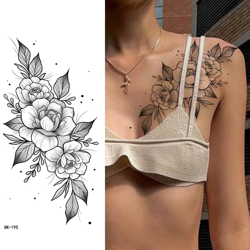 Schwarz Weiß Temporäre Transfer Tattoos Florale Schmetterlinge Schriftzüge Linienkunst Wasserfeste Körperaufkleber für Musikfestival Party