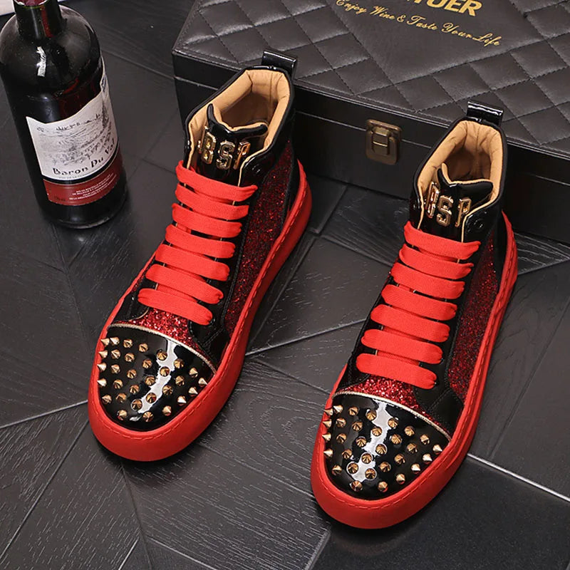 Winter High Tops For Men Rivet Sequin Everyday All Match Patent Leather Casual Shoes Male Flats Loafers Sports Walking Sneakers - Sun Studio