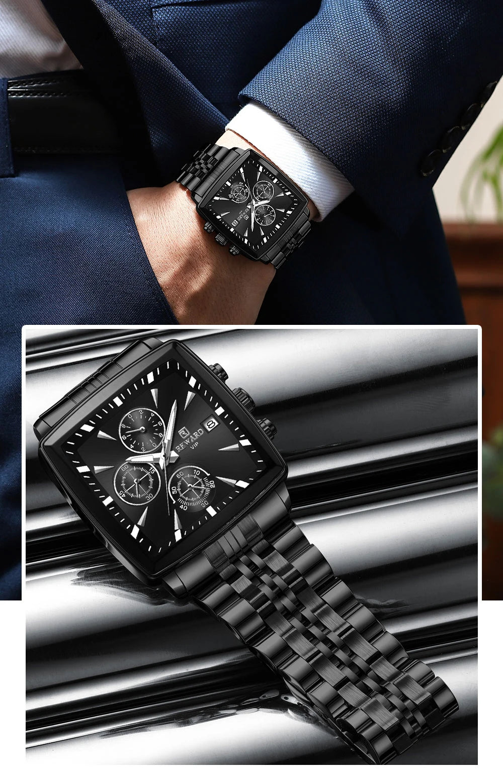 REWARD Fashion Square Dial Watch for Men Stainless Steel Waterproof Quartz Chronograph Mens Watches Luxury Sport Male Clock - Sun Studio