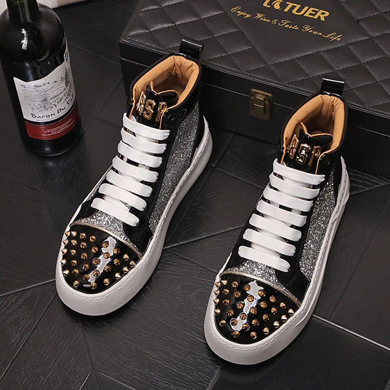 Winter High Tops For Men Rivet Sequin Everyday All Match Patent Leather Casual Shoes Male Flats Loafers Sports Walking Sneakers - Sun Studio