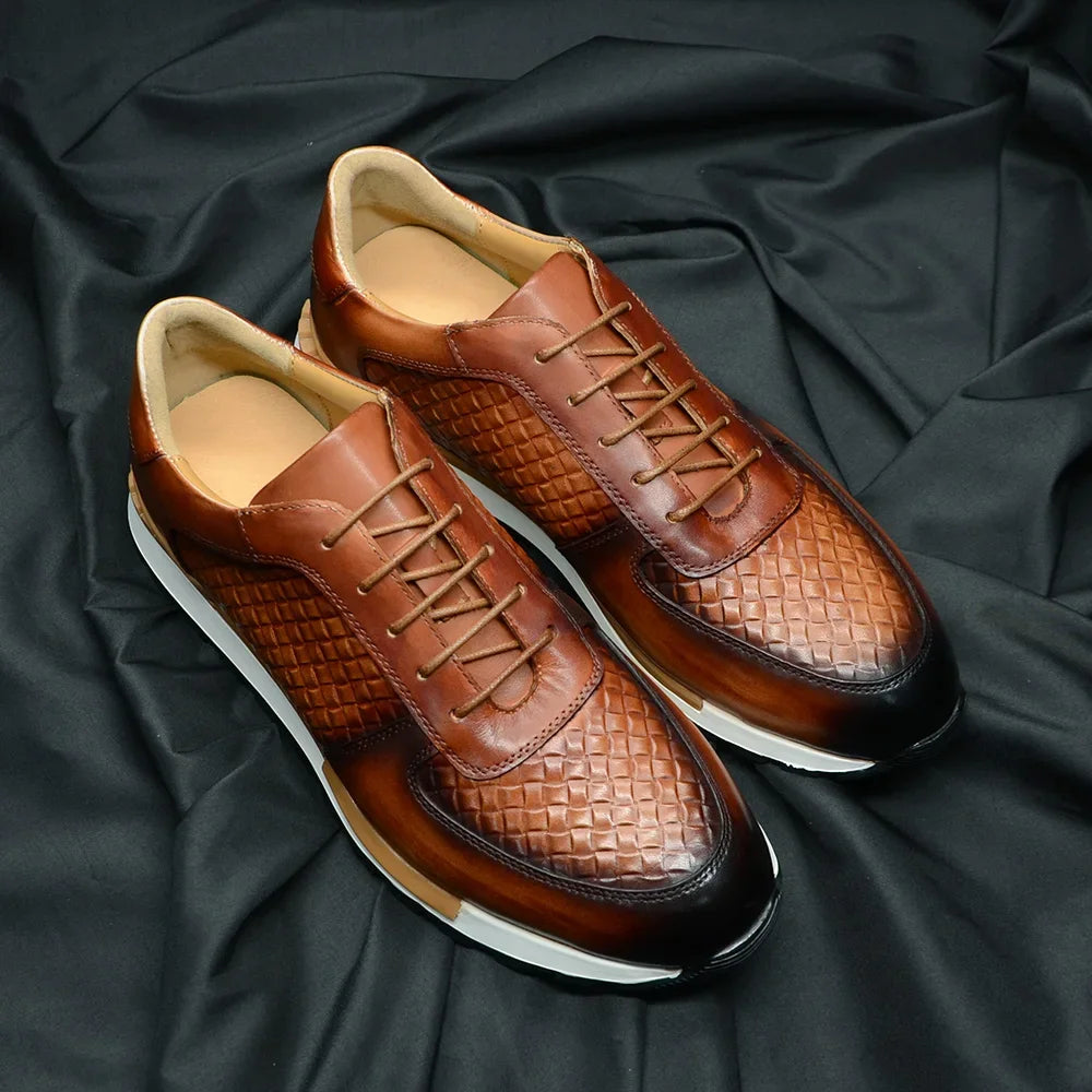 4 Colors Genuine Leather Man Luxury Sneakers Plaid Weave Pattern Lace-up Men Casual White Oxford Shoes Deals Spring Autumn 2024 - Sun Studio
